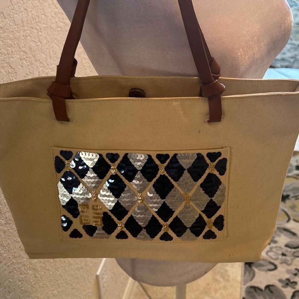 Givenchy Canvas Tote Bag Silver Gold Blue Sequin Dimond Panel Coastal Resortwear - Picture 12 of 16